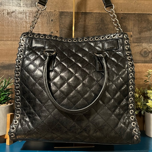 Michael Kors Black Leather Tote Silver Lock Laced Trim MK - Picture 3 of 12